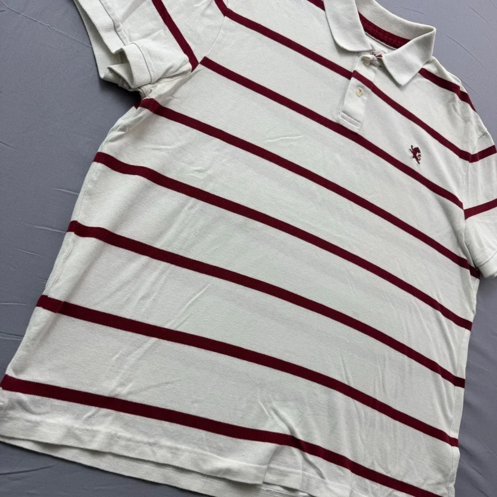 Express Classic Polo Men XXL Cream Burgundy Striped Short Sleeve Lion Logo Shirt